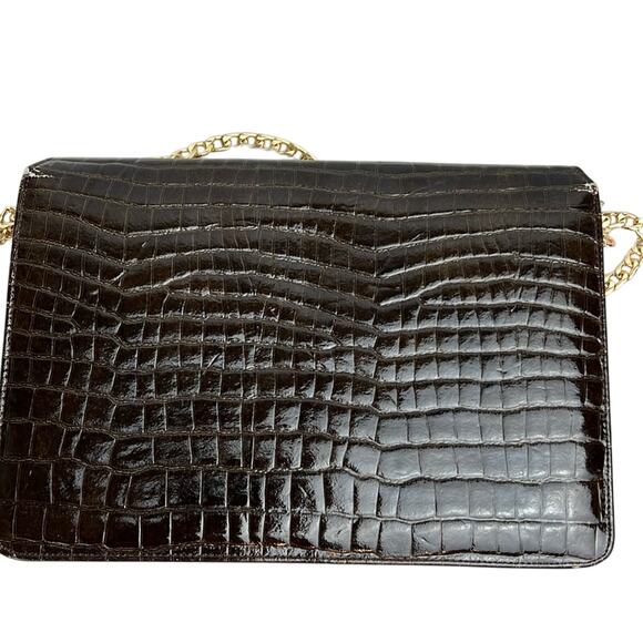 Bienen-Davis Vintage Brown Croc Embossed Leather Purse Gold Hardware Iconic - Picture 2 of 15